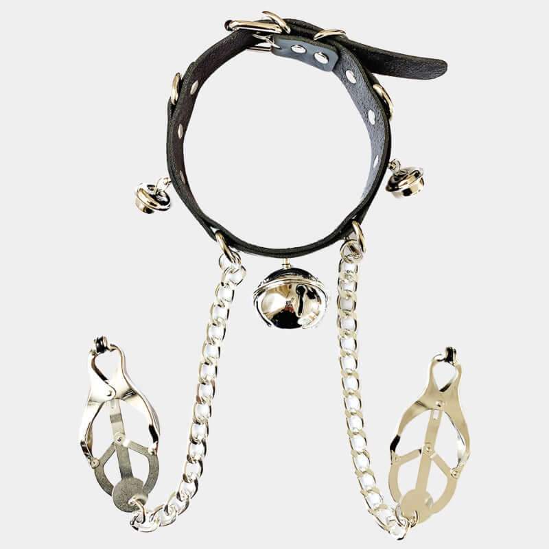 Clover Clamps with Leather Collar and Bells at Tickle & Twist